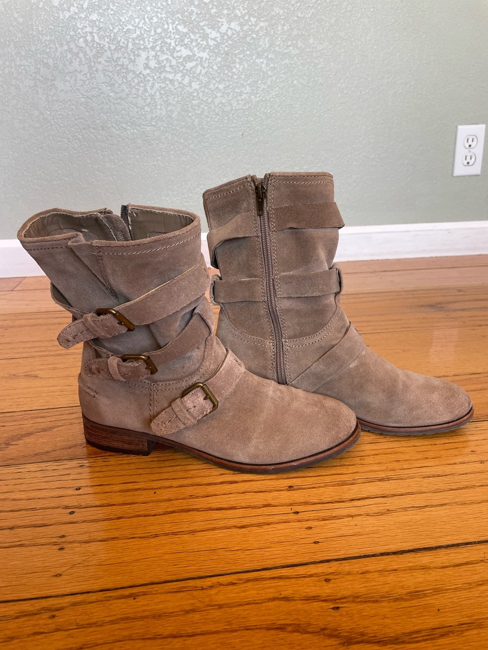 Suede Buckle Low to Mid-Calf Boots in Taupe